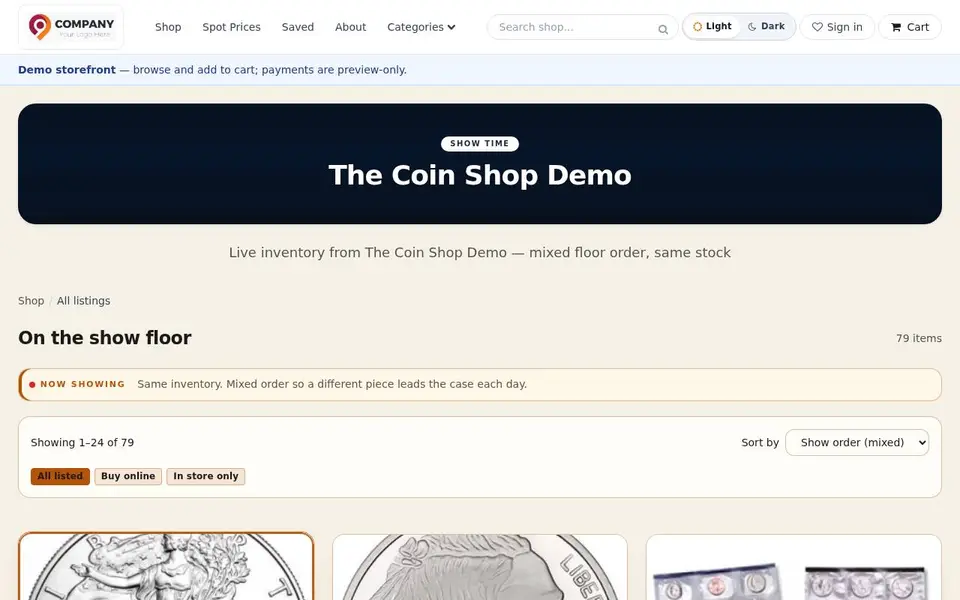 The Coin Shop Demo website
