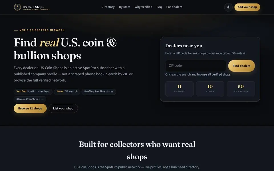 US Coin Shops website